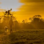 Woman and Collie dog on a cold February evening at Sunset