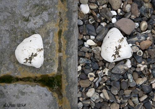 Pebble on man-made road and as originally found on the beach