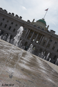 Series of water fountains in courtyard