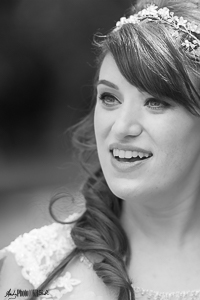 Monochrome portrait of Chloe Edwards on her wedding day 