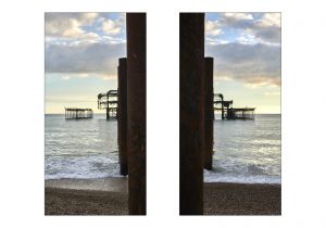 The old pier at Brighton shown split into two with two shots taken from the outside of the remains of the old pillars on the beach