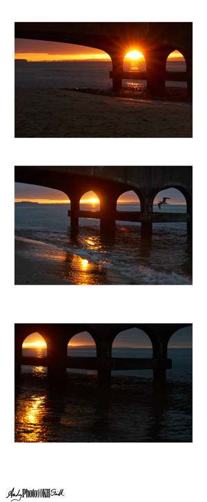 Sunrise triptych sea and pillars under Brighton Pier