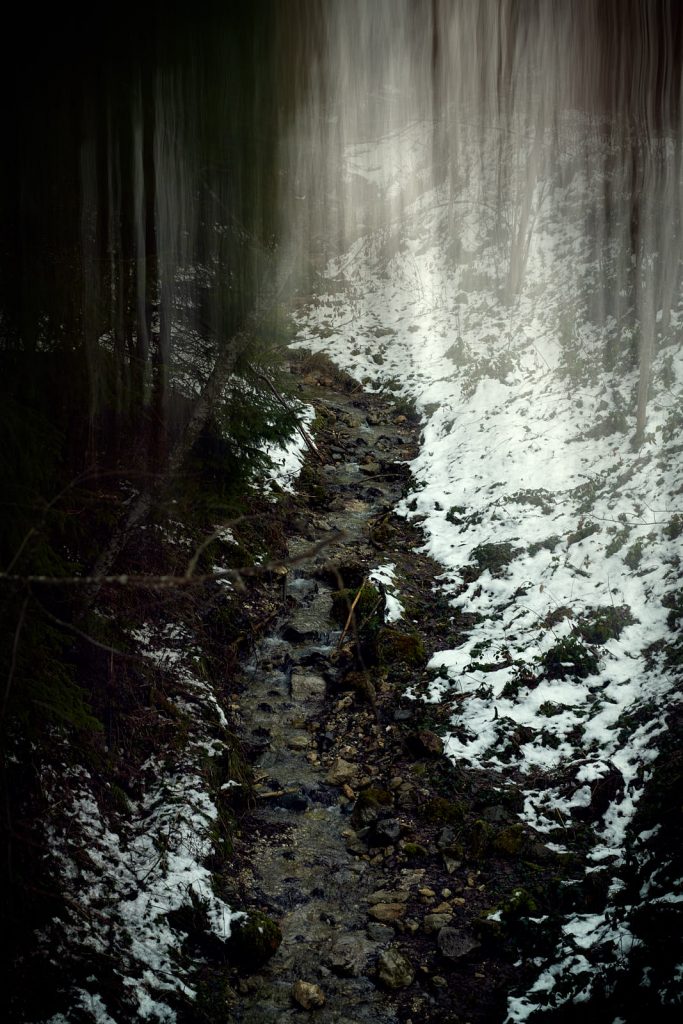 Mountain stream through snowy woodland