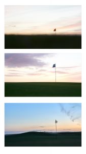 Triptych of shots over golf greens