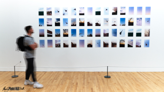 Blurred man in front of photography display