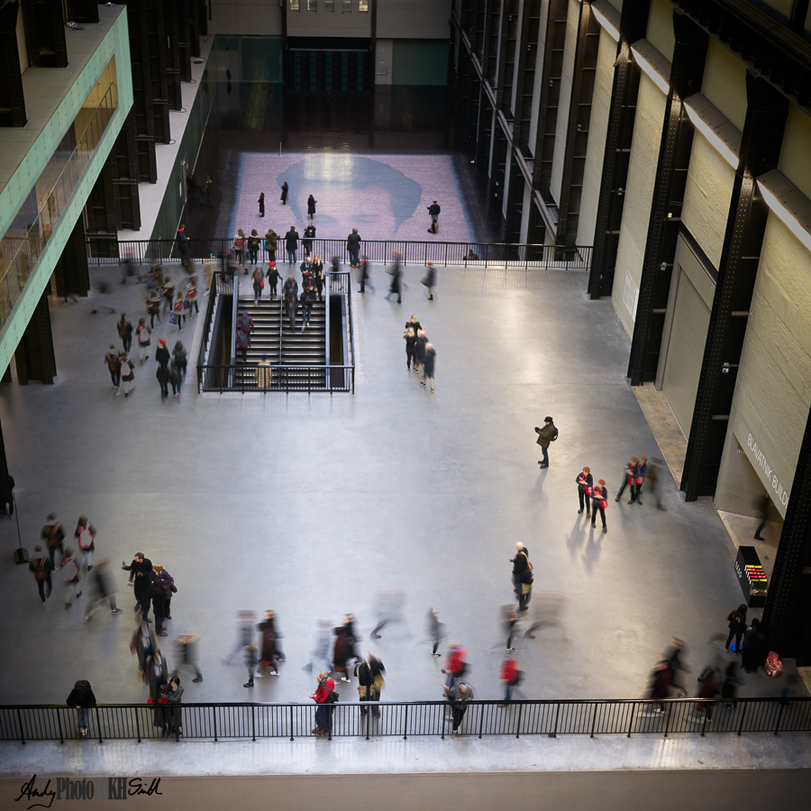 Composite of multiple shots some showing motion blur of people moving through the museum