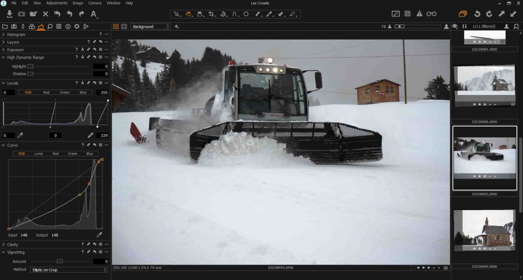 Capture One Pro screen shot of snow basher and curves adjustment