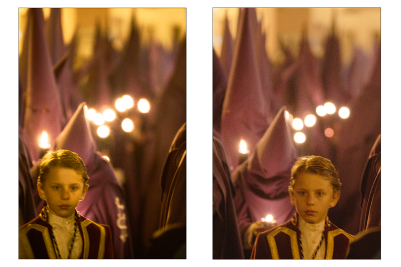 Small boy at centre of Semana Santa nocturnal procession.