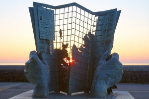 The hands and map sculpture on Minehead seafront