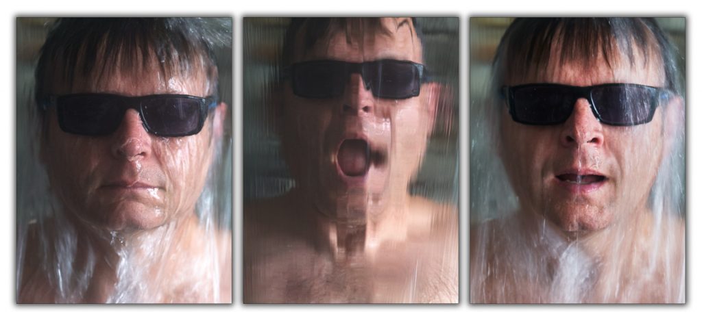 Triptych of man wearing sunglasses with water pourin