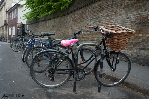 Bikes including one with with pink saddle cover and wicker basket
