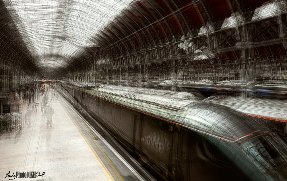 Multiple exposure image of railway platform shot from a high angle