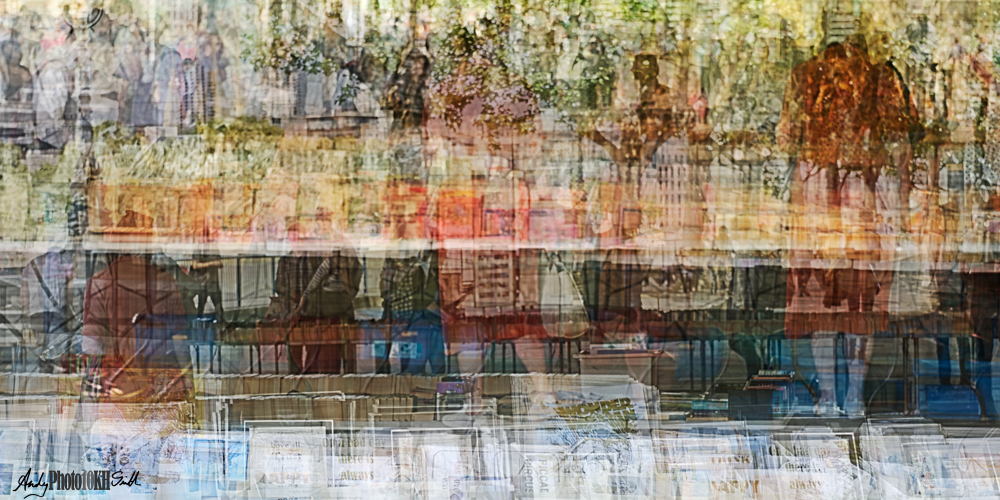 Creative multiple exposure image of a market stall on the banks of the Thames
