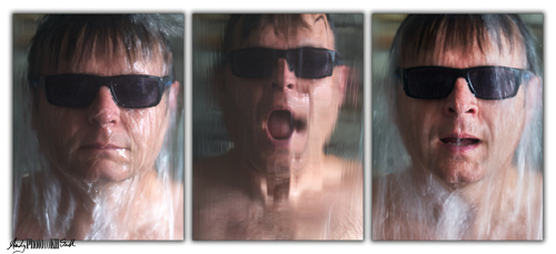Triptych of man wearing sunglasses under a thallasotheraphy waterfall in a Swiss spa chalet