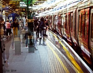 Multi-exposure of tube train and passengers