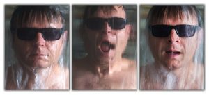 Three images of a man wearing sunglasses looking like he's being waterboarded. Learning the art of photography in the Spring,