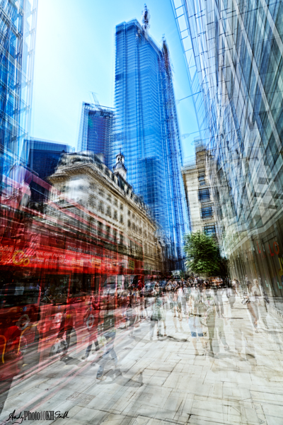 Impressionistic London street scene old and new buildings and red bus