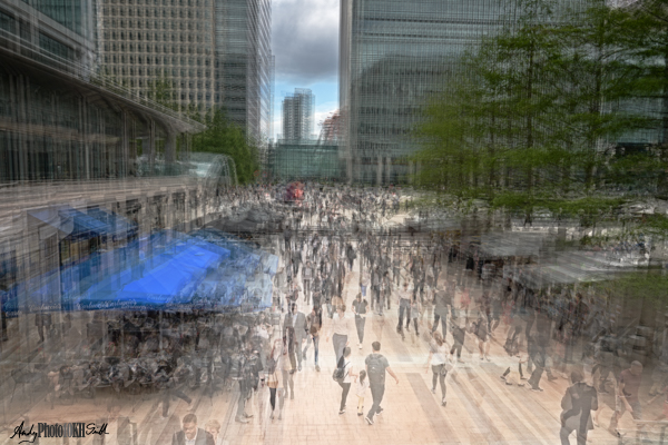 Multiple exposure of Canary Wharf London from an elevated position