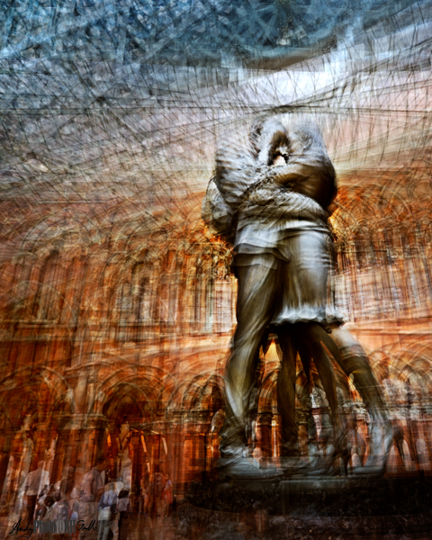 Impressionistic image of the St Pancras Lovers Statue