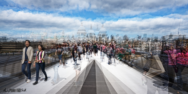 Straight and multi-exposure composite of Millennium bridge and St Paul's cathedral