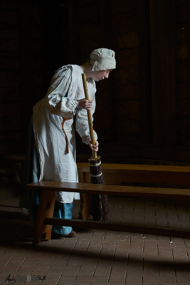 Tudor Maid Sweeping Floor