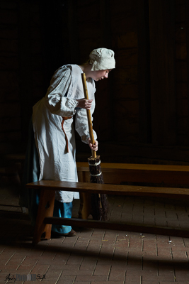 Retoned Tudor Maid Sweeping Floor