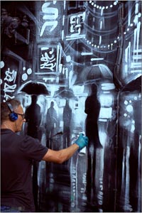 Graffiti artist painting a Bladerunner like scene of the future