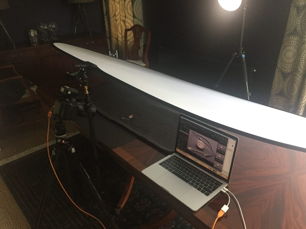 Camera tethered to laptop in studio using Capture One Pro (Sony)