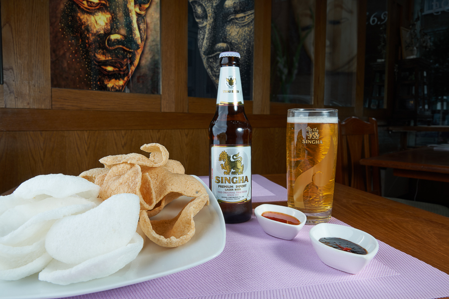 Singha Beer and Prawn Crackers