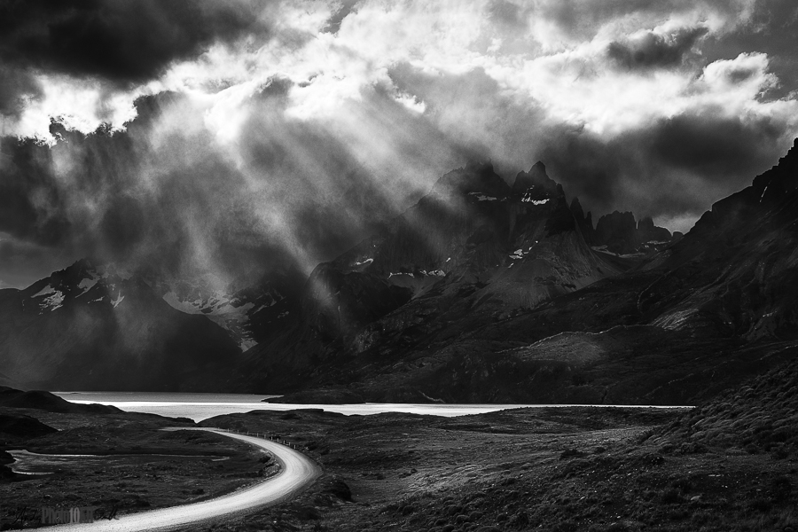 Monochrome lake scene with stormy sky