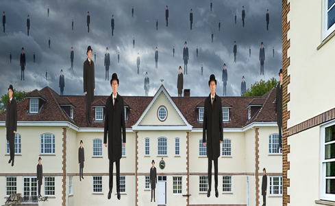 Reimagining of René Magritte's 1953 "Golconda" using the Lambourne Golf Club