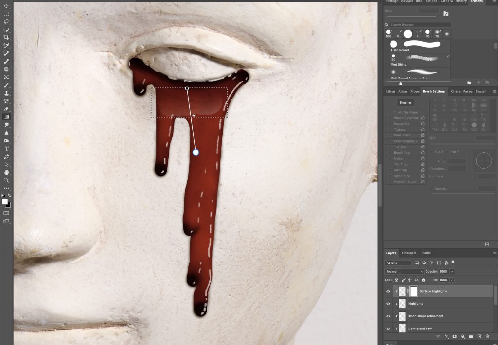 Surface highlights  in horror effect blood from the eye in Photoshop